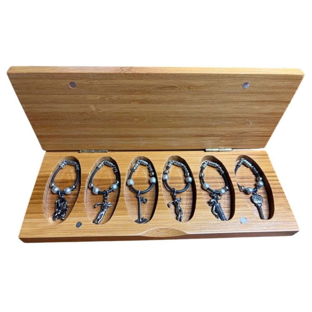 FCC Golf Wine Glass Charms Set of 6 Bamboo Gift Box Golfer Golf Club Accessories